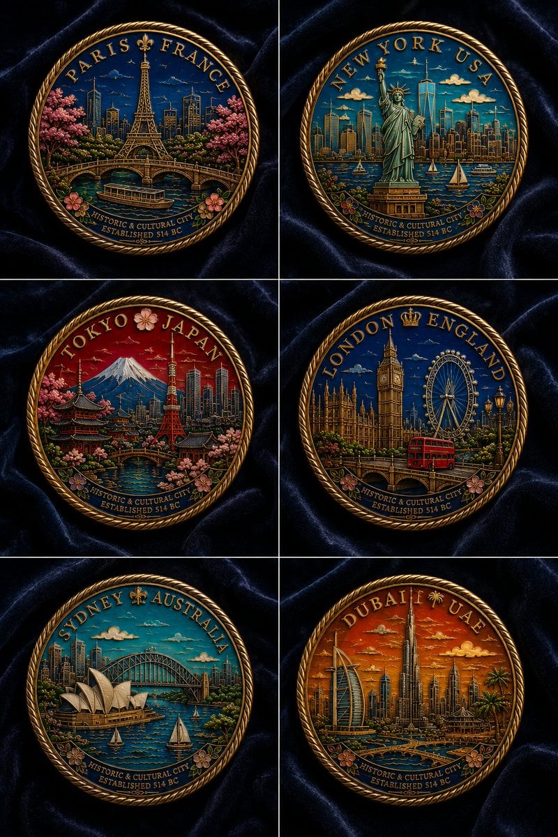 Six Cloisonné City Medals