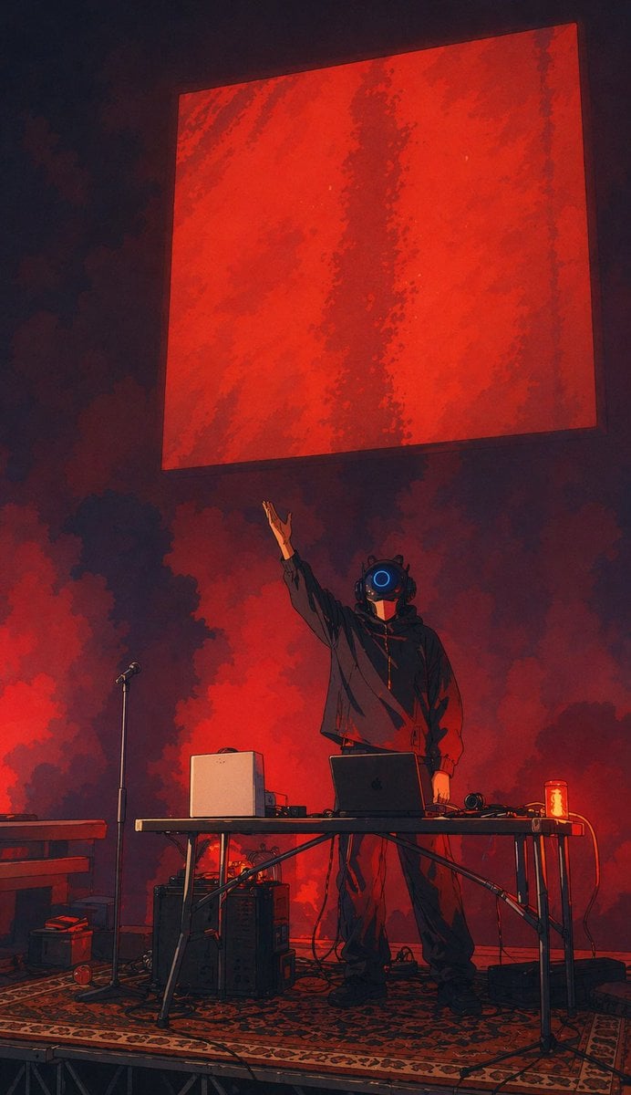 Cyber DJ Beneath a Red Monolith