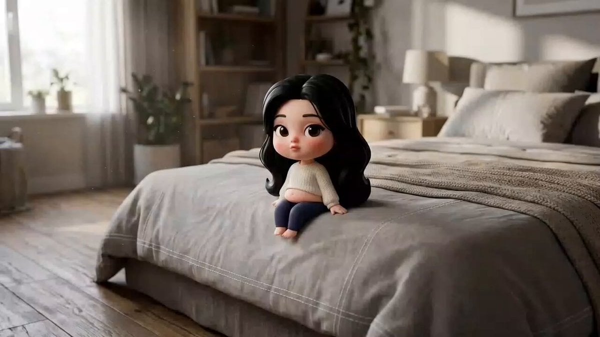 Chibi Character in Realistic Bedroom — AI video template example