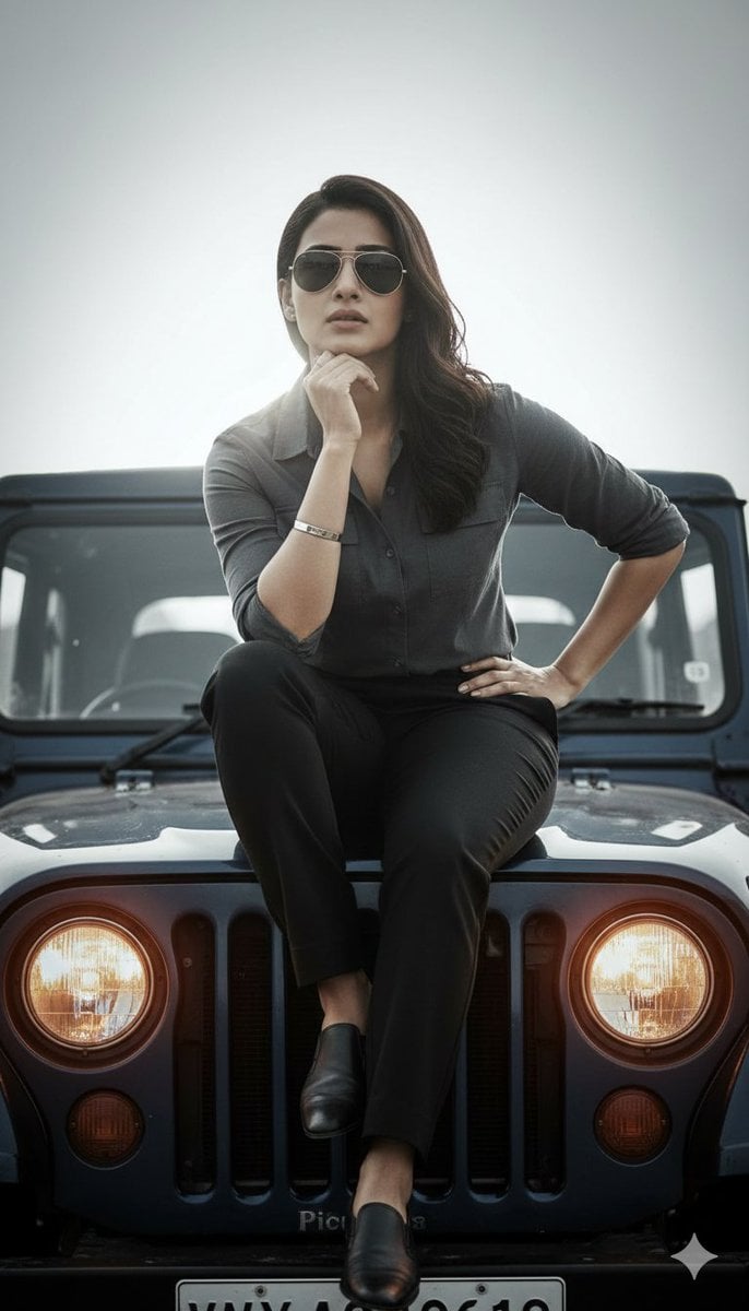 Hyper-Realistic Cinematic Portrait on a Jeep Hood Prompt