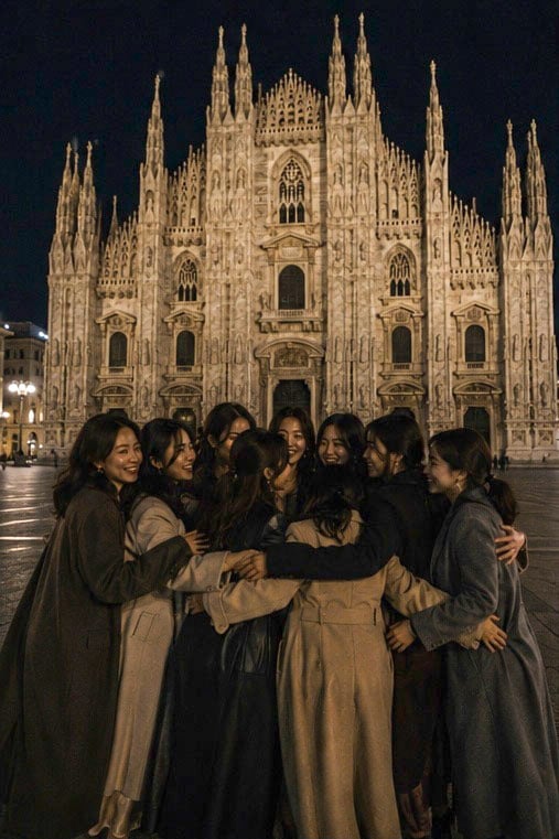 Milan Cathedral Night Group Hug