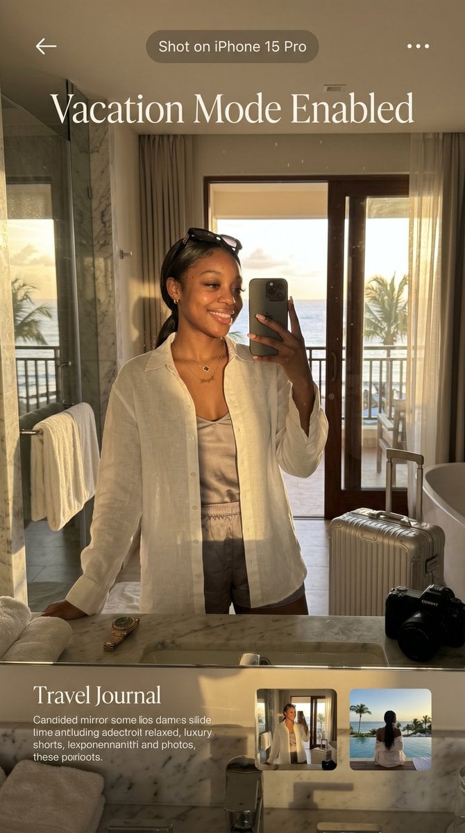 Luxury Vacation Creator Mirror Selfie — AI image template example