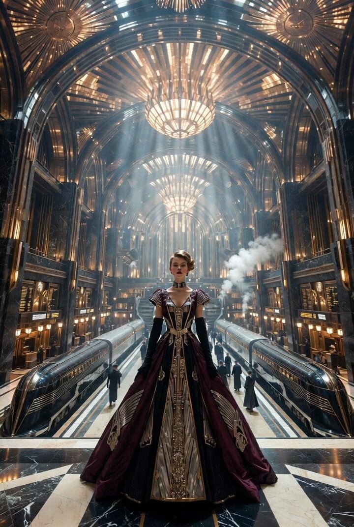 Epic Art Deco imperial railway station interior video