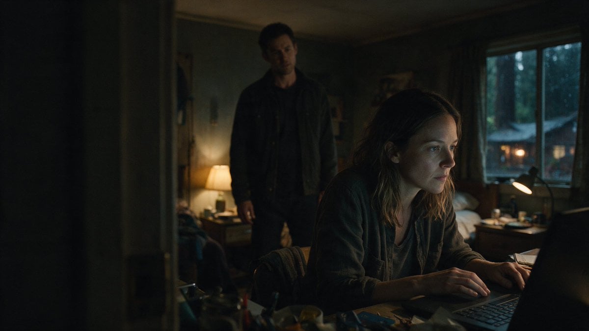 Moody Thriller Bedroom Laptop Scene — AI image template example