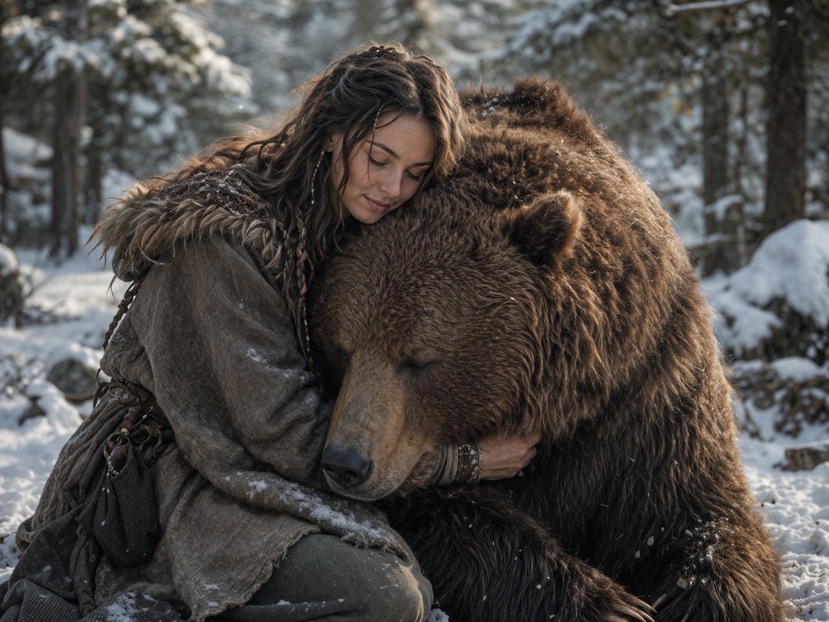 Woman Embracing a Bear in Winter