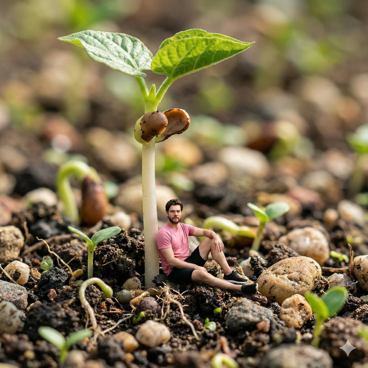 Surreal Macro-Fantasy: Tiny Man and Giant Bean Sprout