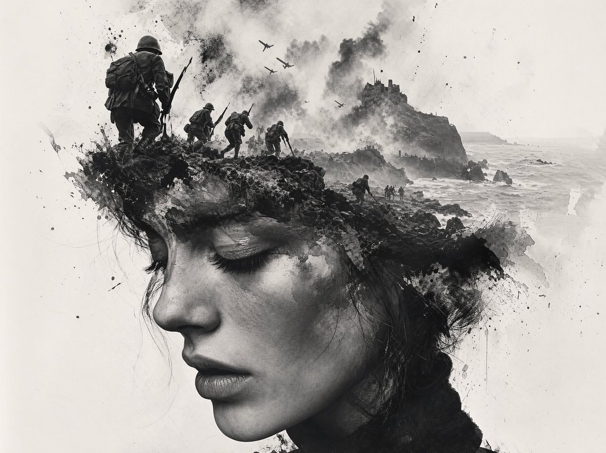 Black-and-White Wartime Ink Scene