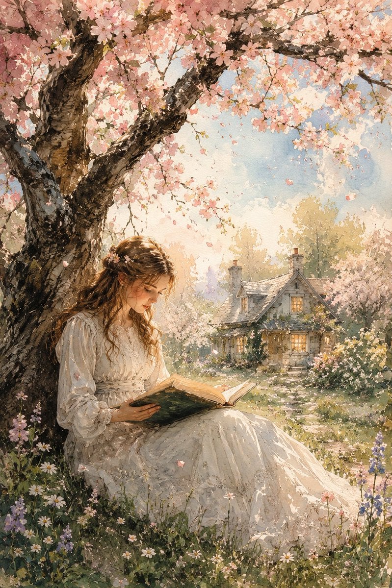 Springtime Watercolor Reading Scene — AI image template example