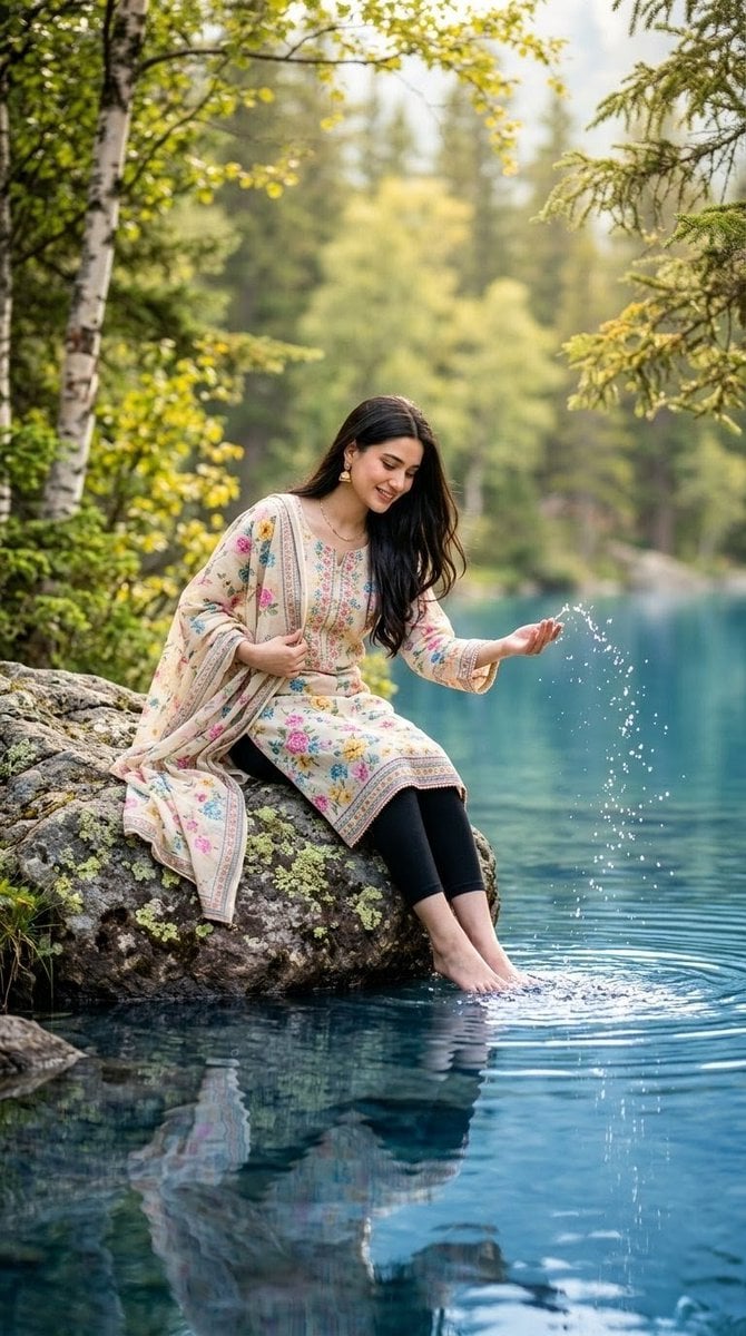 Woman by Crystal Lake — AI image template example