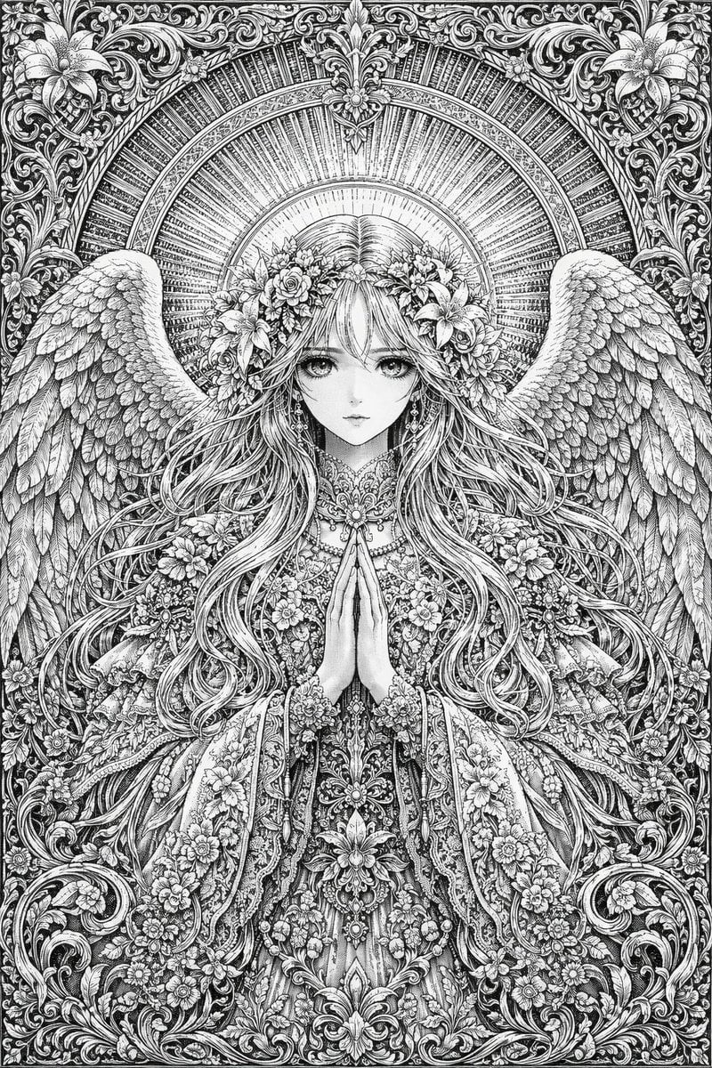 Intricate Monochrome Angel Line Art