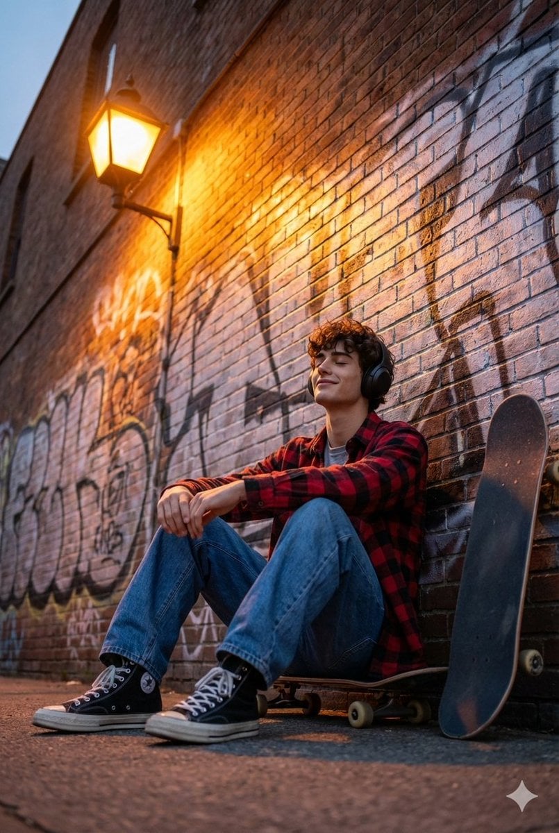Cinematic Skateboarder Portrait Prompt at Golden Hour