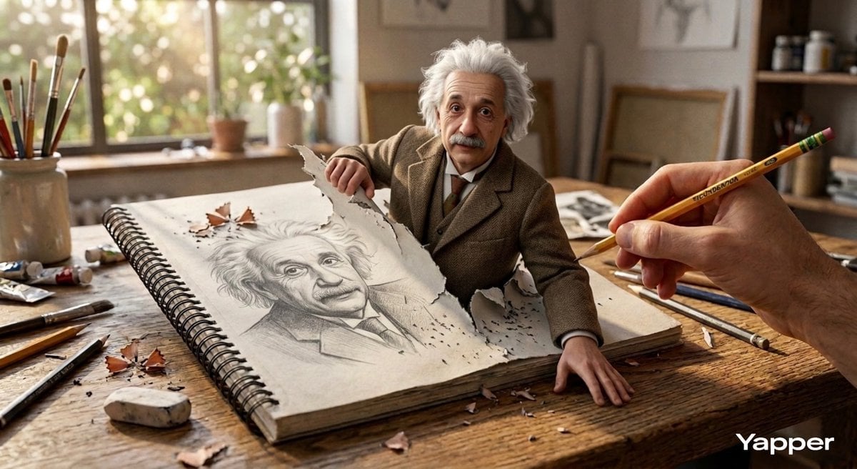 Hyper-realistic 3D illustration of Albert Einstein emerging