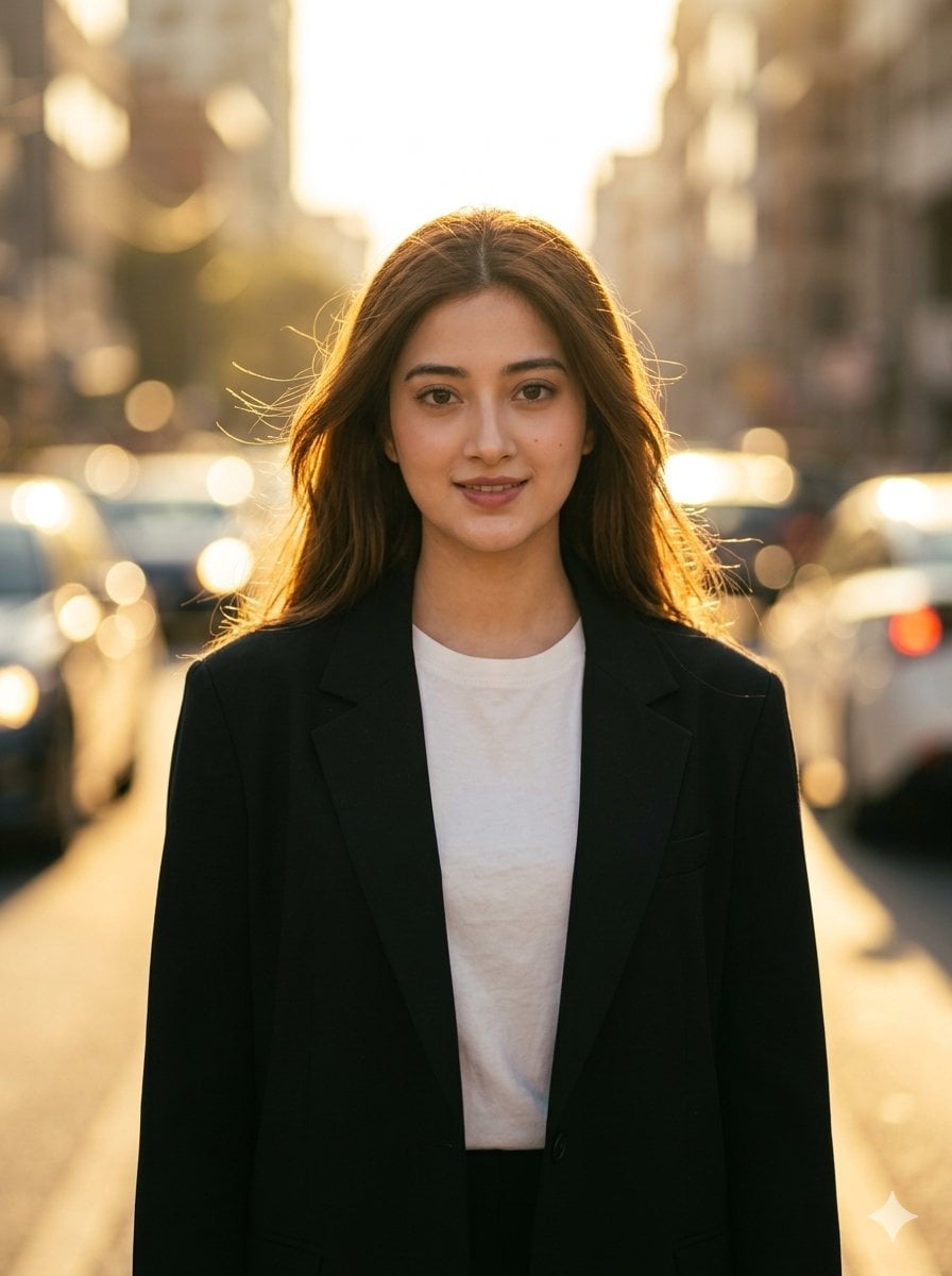 Golden Hour Urban Fashion Portrait — AI image template example
