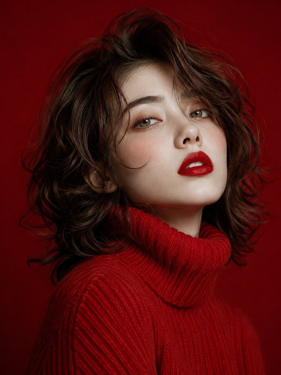 Glamorous Red Turtleneck Portrait — AI image template example