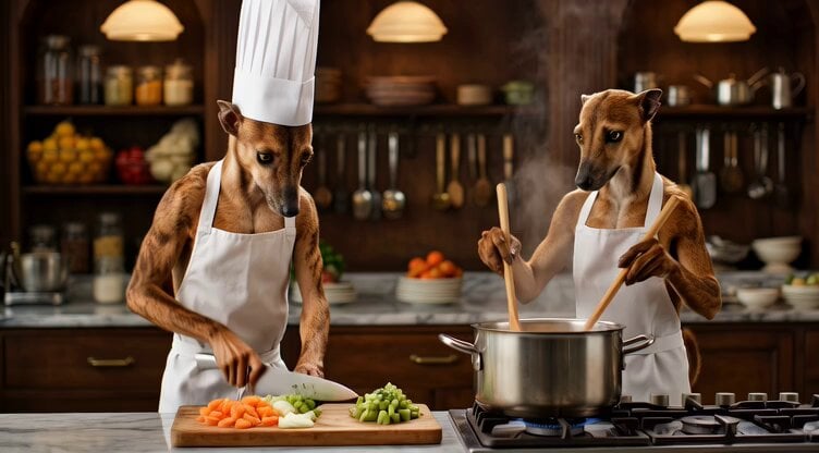 Whippets preparing a fine dining meal