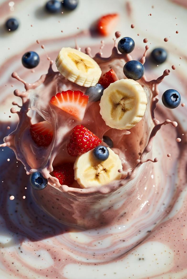 Ultra-realistic smoothie explosion, banana slices, strawberry pieces