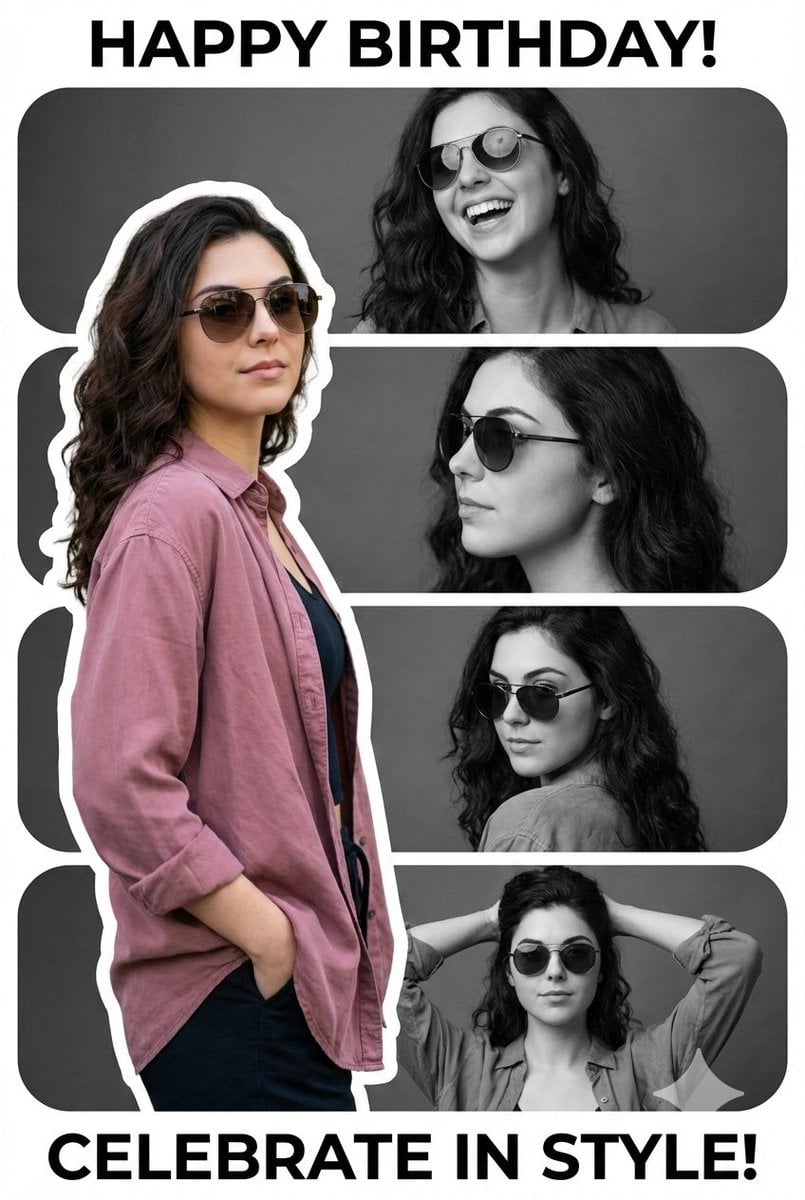 Vertical Birthday Poster Collage with Cinematic Monochrome Photos