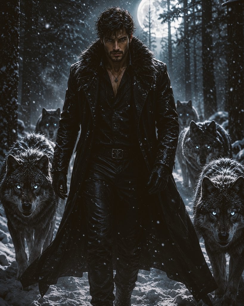 Man and Wolves Snowy Forest — AI image template example