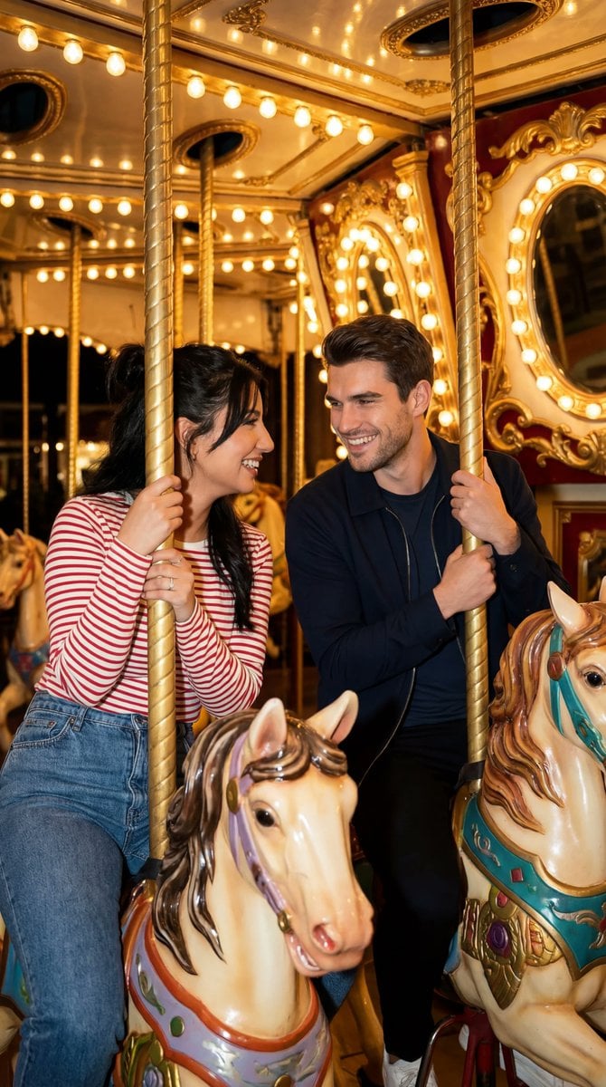 Cinematic Romcom Scene on a Carousel with Identity Lock