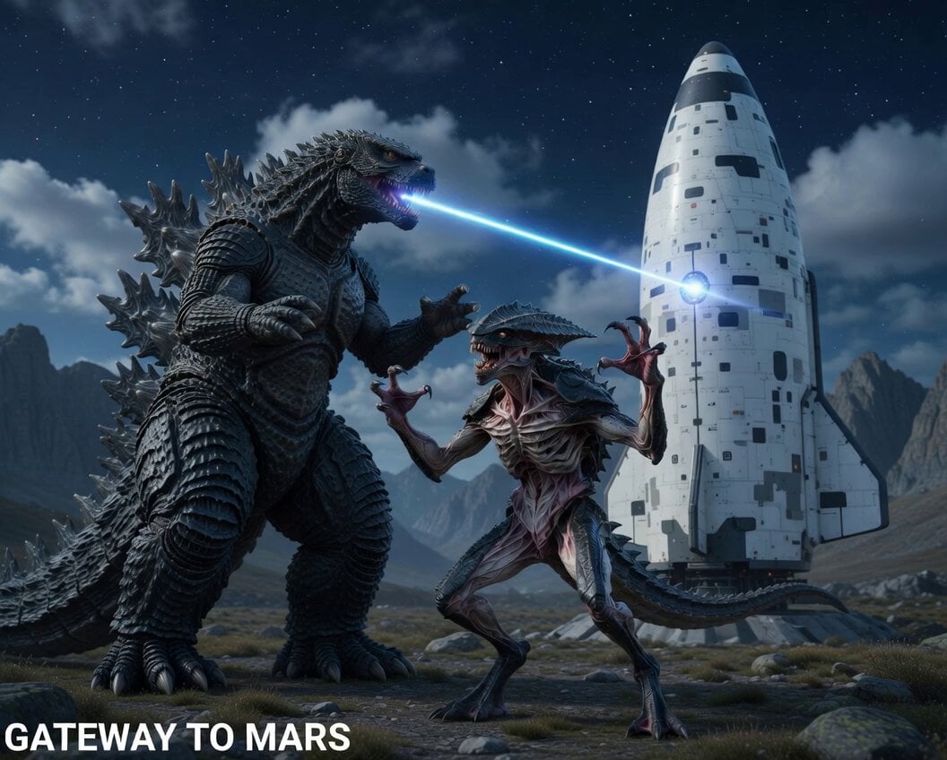Alien creature protecting Starship from Godzilla