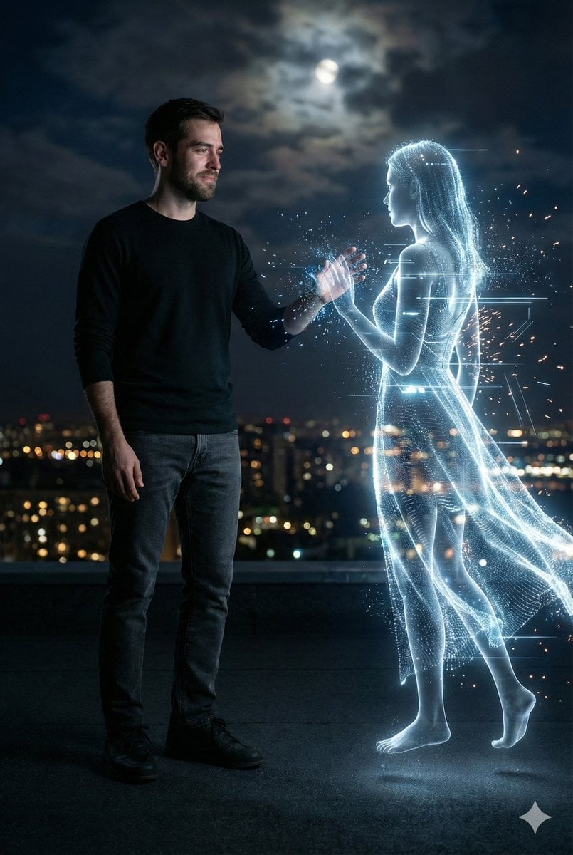 Cinematic Night Rooftop Scene with Hologram