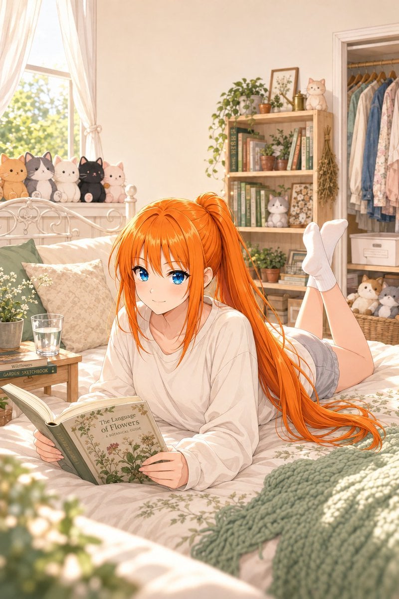 Sunlit Anime Bedroom Reading Scene — AI image template example