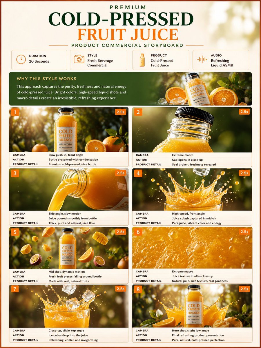 Premium Beverage Commercial Storyboard — AI image template example
