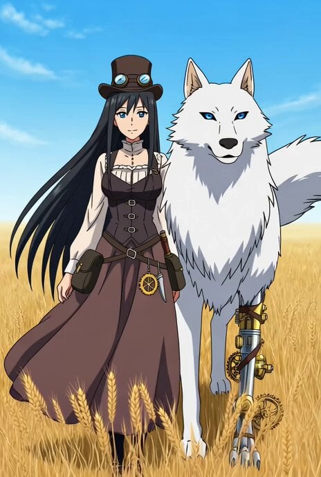 Anime Woman with Steampunk Wolf in Wheat Field