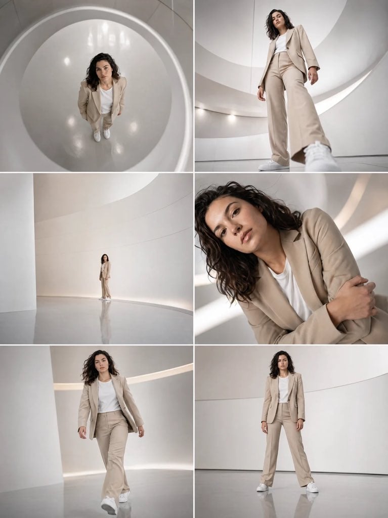 Futuristic Beige Suit Editorial Collage — AI image template example