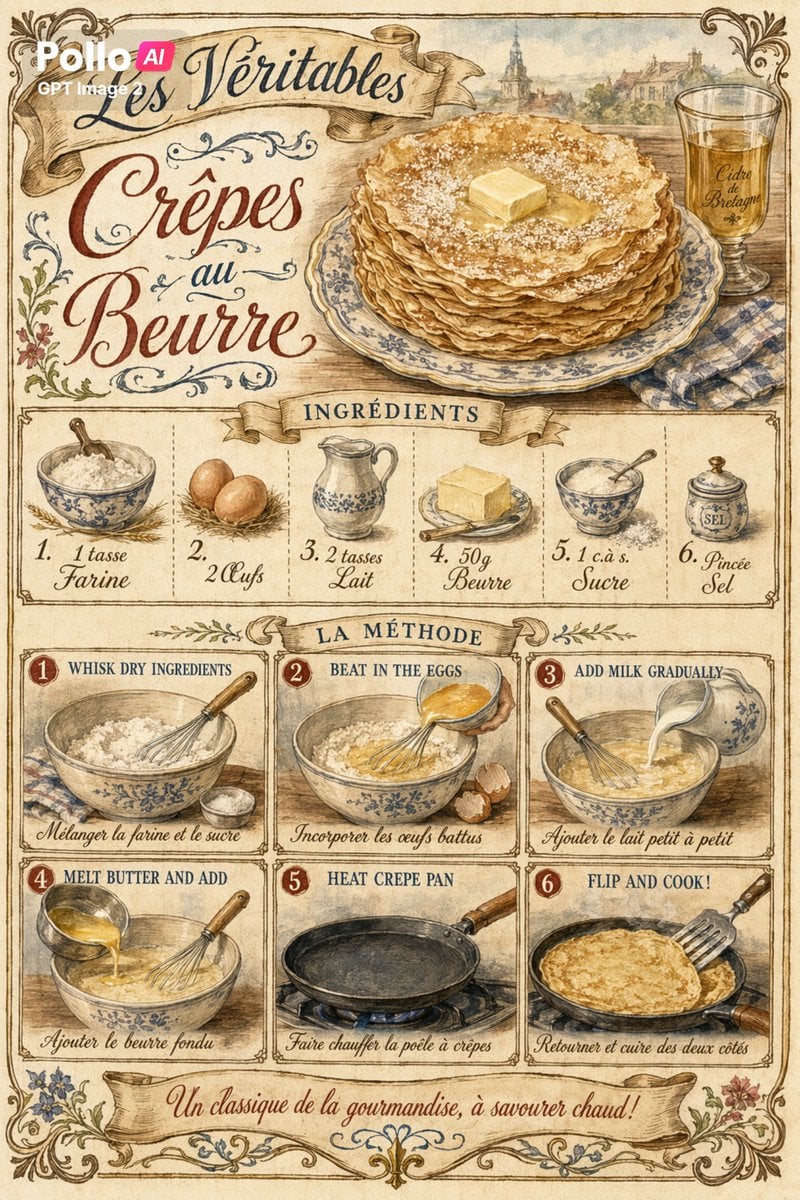 Vintage French Crepe Recipe Poster