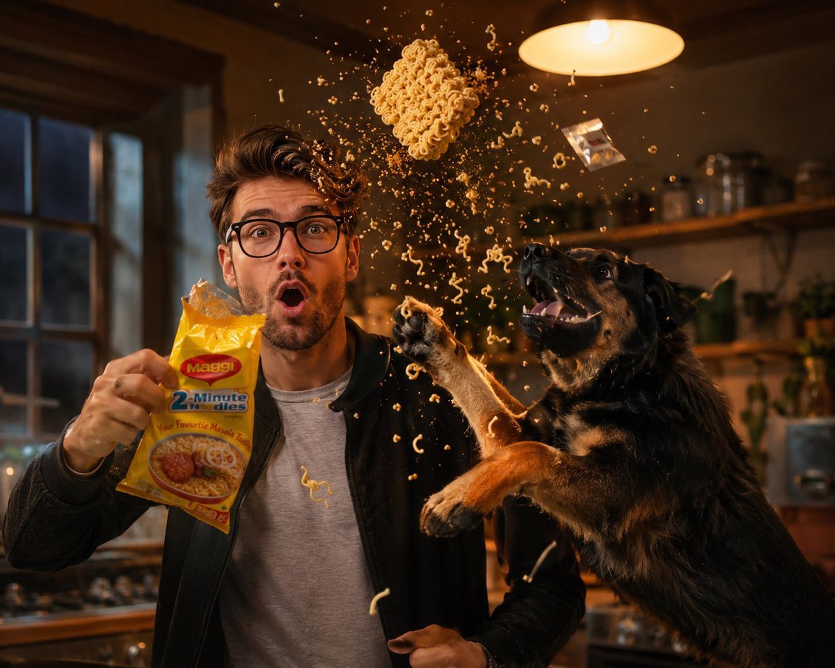 Exploding Instant Noodle Action Photo — AI image template example