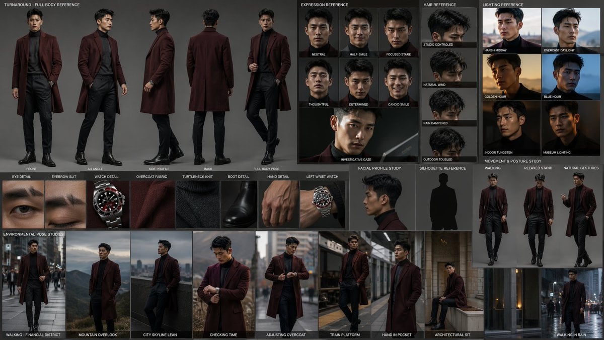 Cinematic Detective Character Sheet — AI image template example