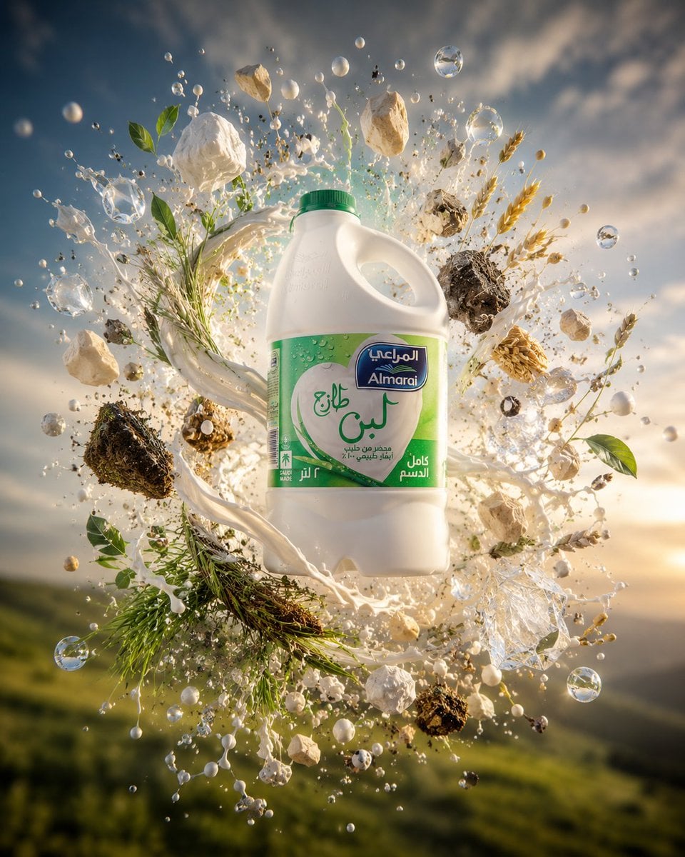 Floating Almarai Milk Splash Ad — AI image template example