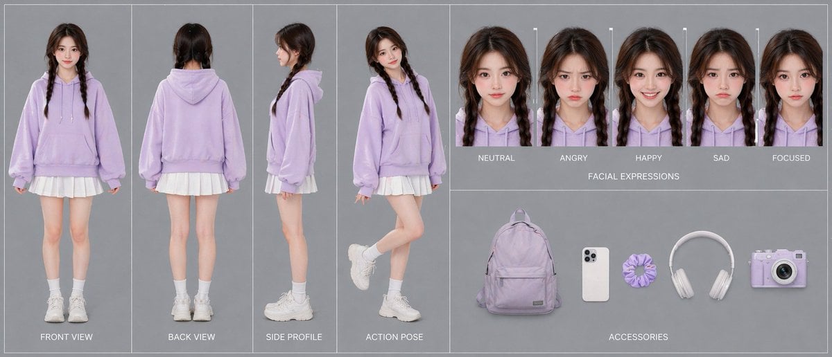Lavender Hoodie Character Reference Sheet