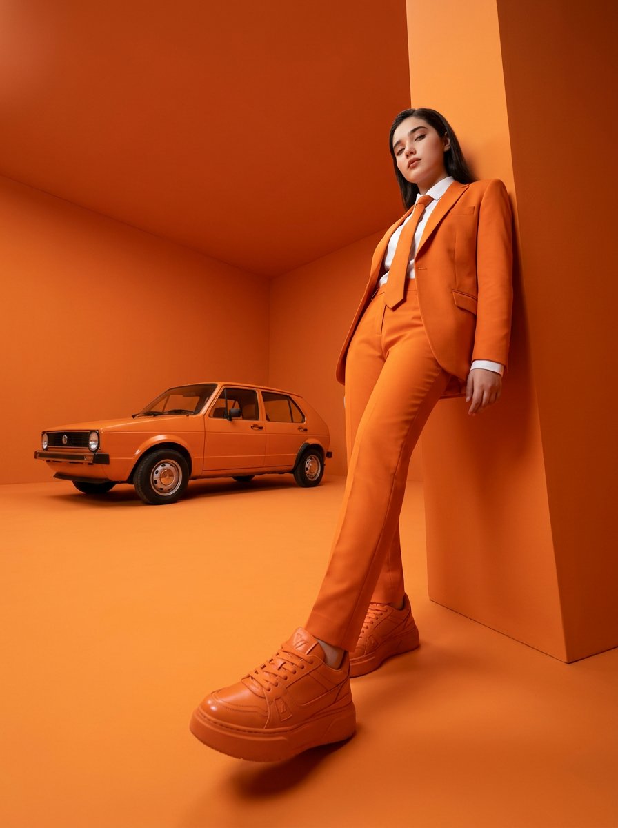High-fashion editorial photography of a woman with the uploaded face