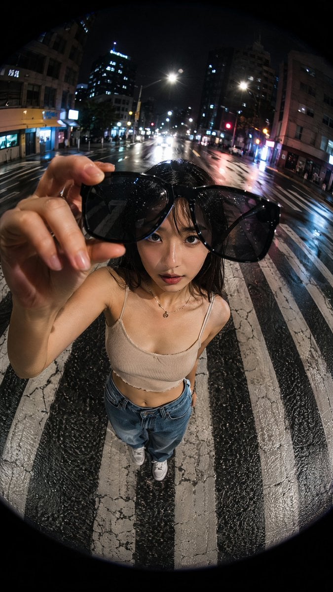 Fisheye Night Crosswalk Portrait — AI image template example