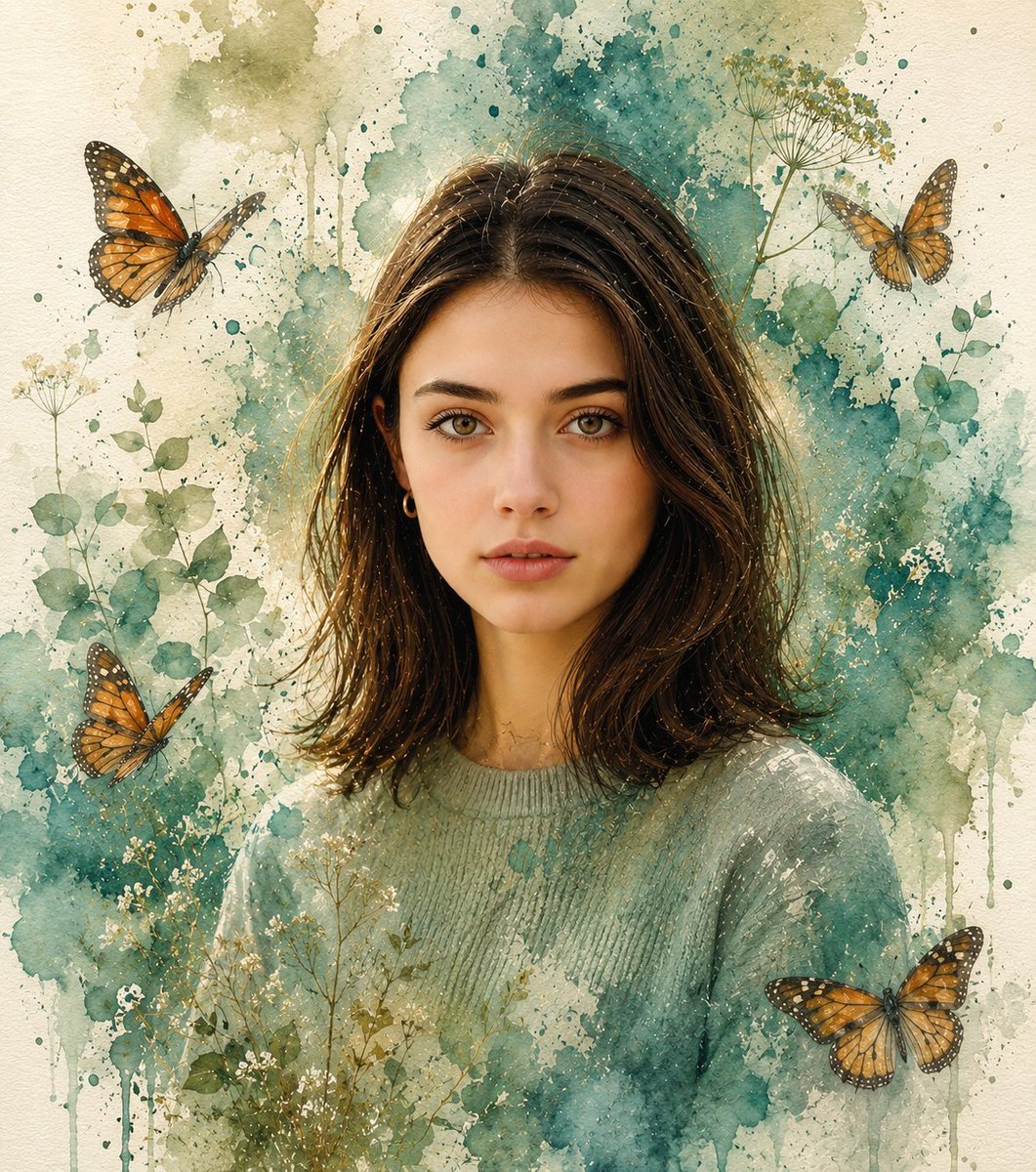 Watercolor and Photorealistic Portrait — AI image template example