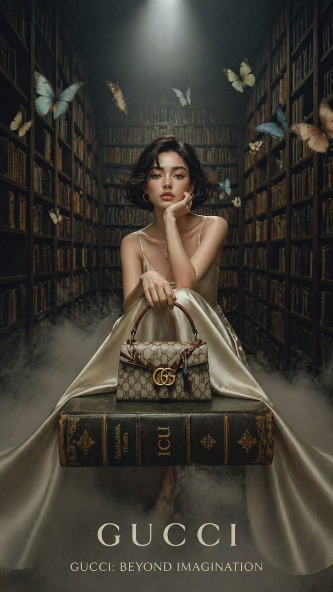 A cinematic luxury fashion editorial set inside a grand vintage library
