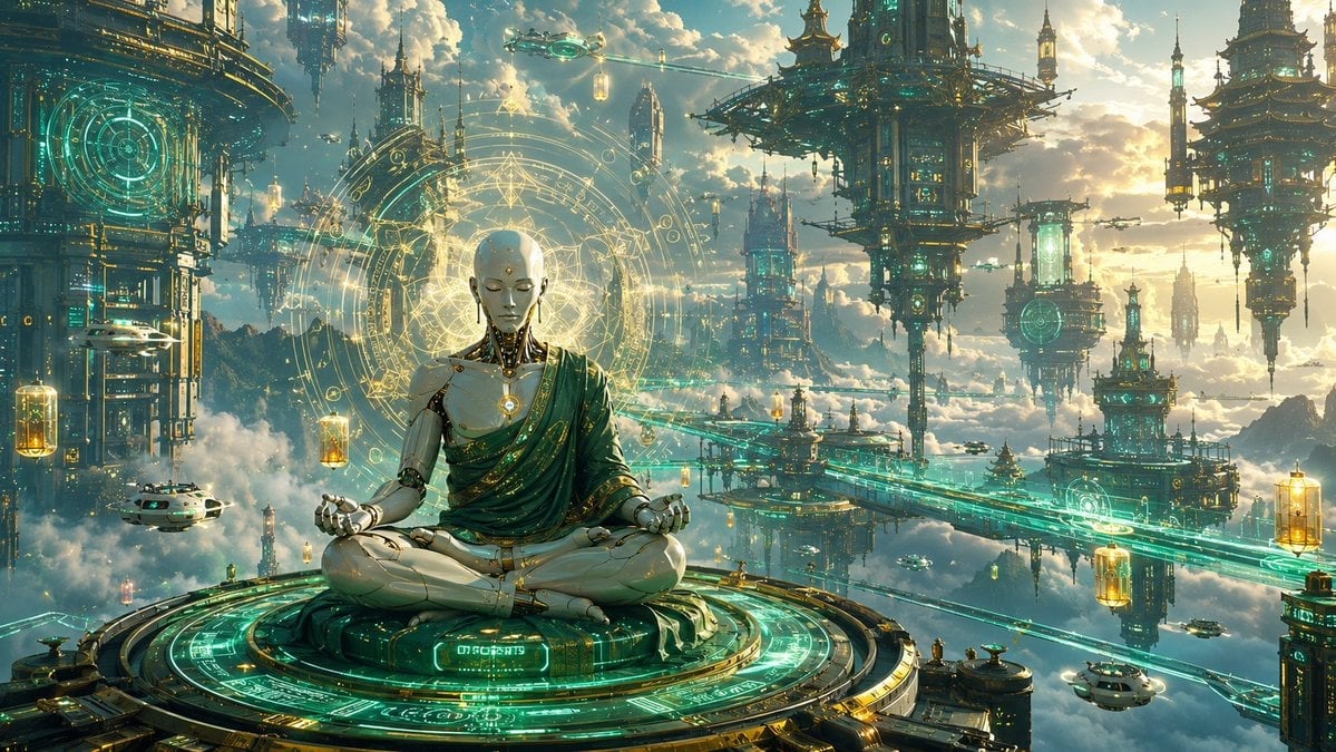 Cyberpunk Android Monk Sky City