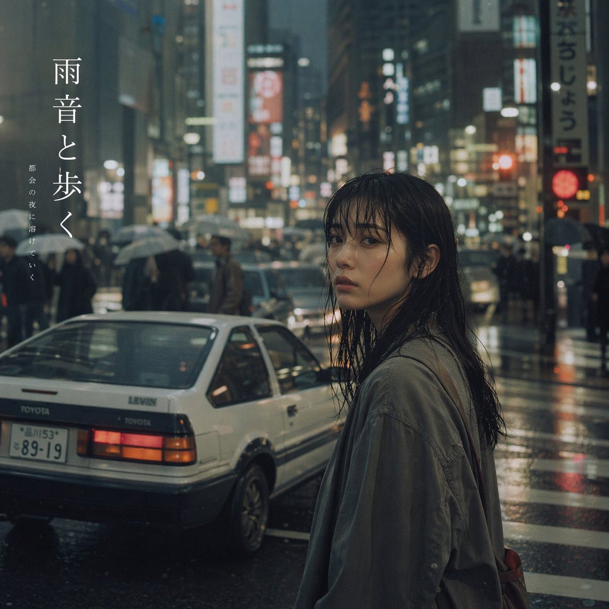 Cinematic Rainy City Portrait with Typography — AI image template example