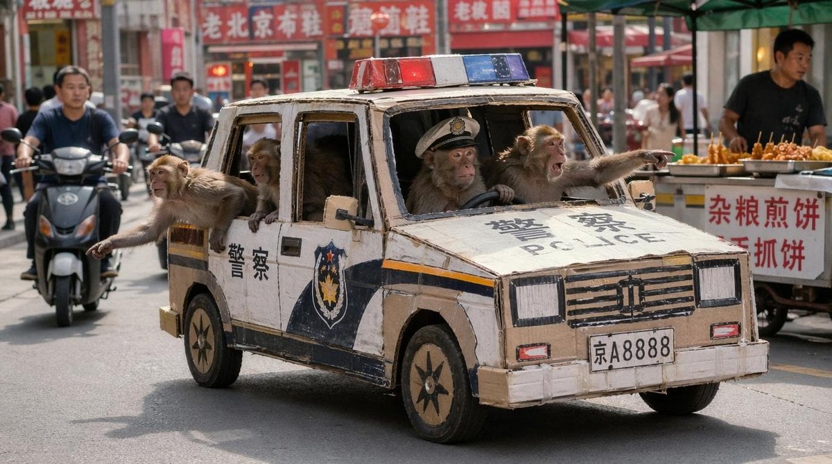 Monkey Patrol in Cardboard Police Car