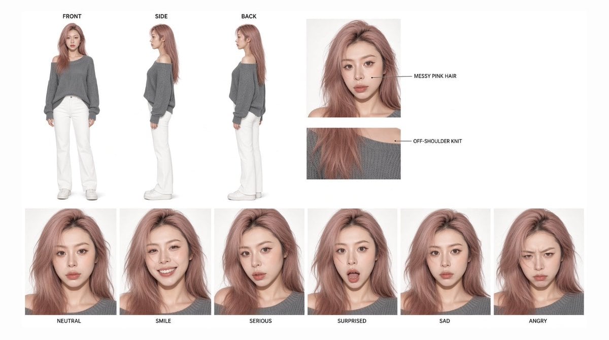 Pink-Haired Character Reference Sheet — AI image template example