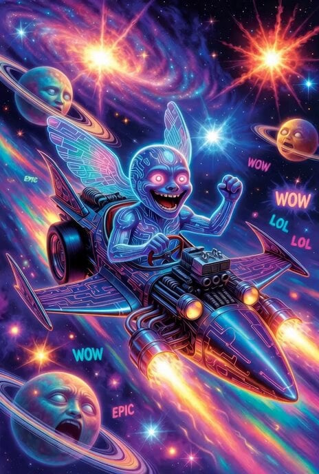 Grok Imagine prompt: Grok driving a cosmic hot rod spaceship