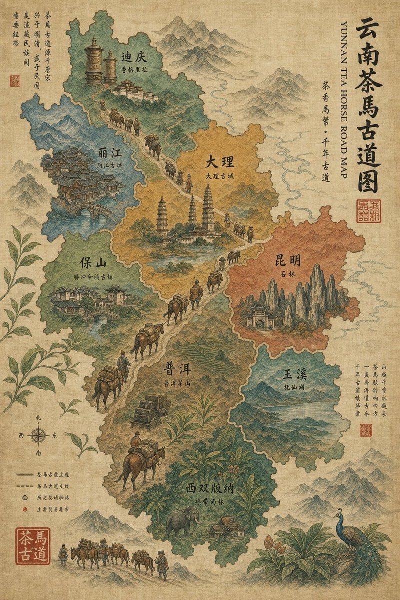 Vintage Yunnan Tea Horse Road Map