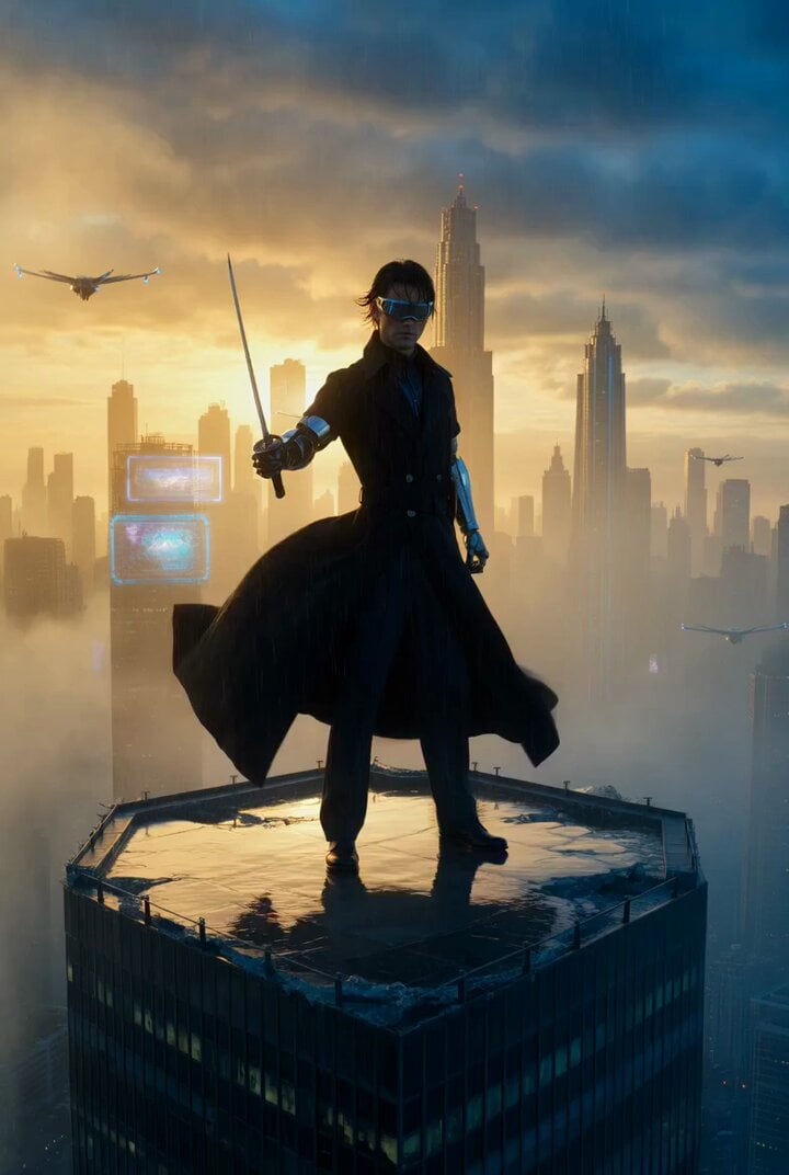 Cyberpunk samurai on a shattered skyscraper