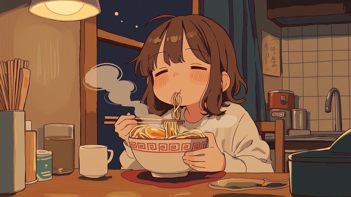 Sleepy Woman Eating Ramen at Night — AI image template example