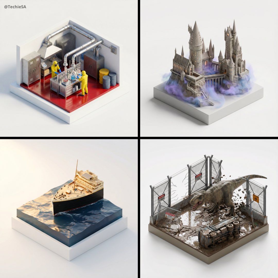 Stylized, ultra high-fidelity 3D isometric miniature diorama, 35 40 — AI image template example