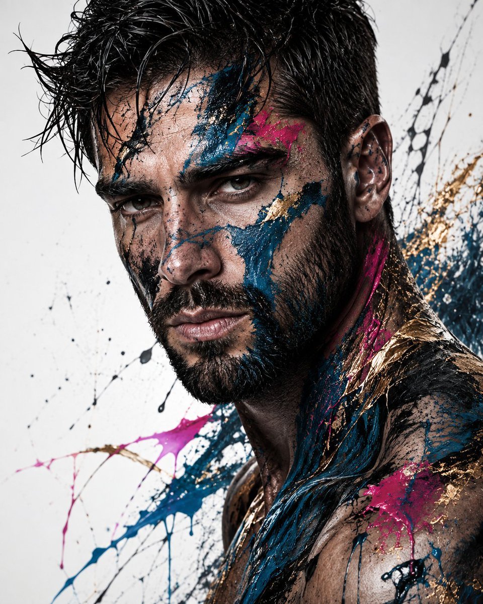 Editorial Male Portrait with Paint Splashes — AI image template example