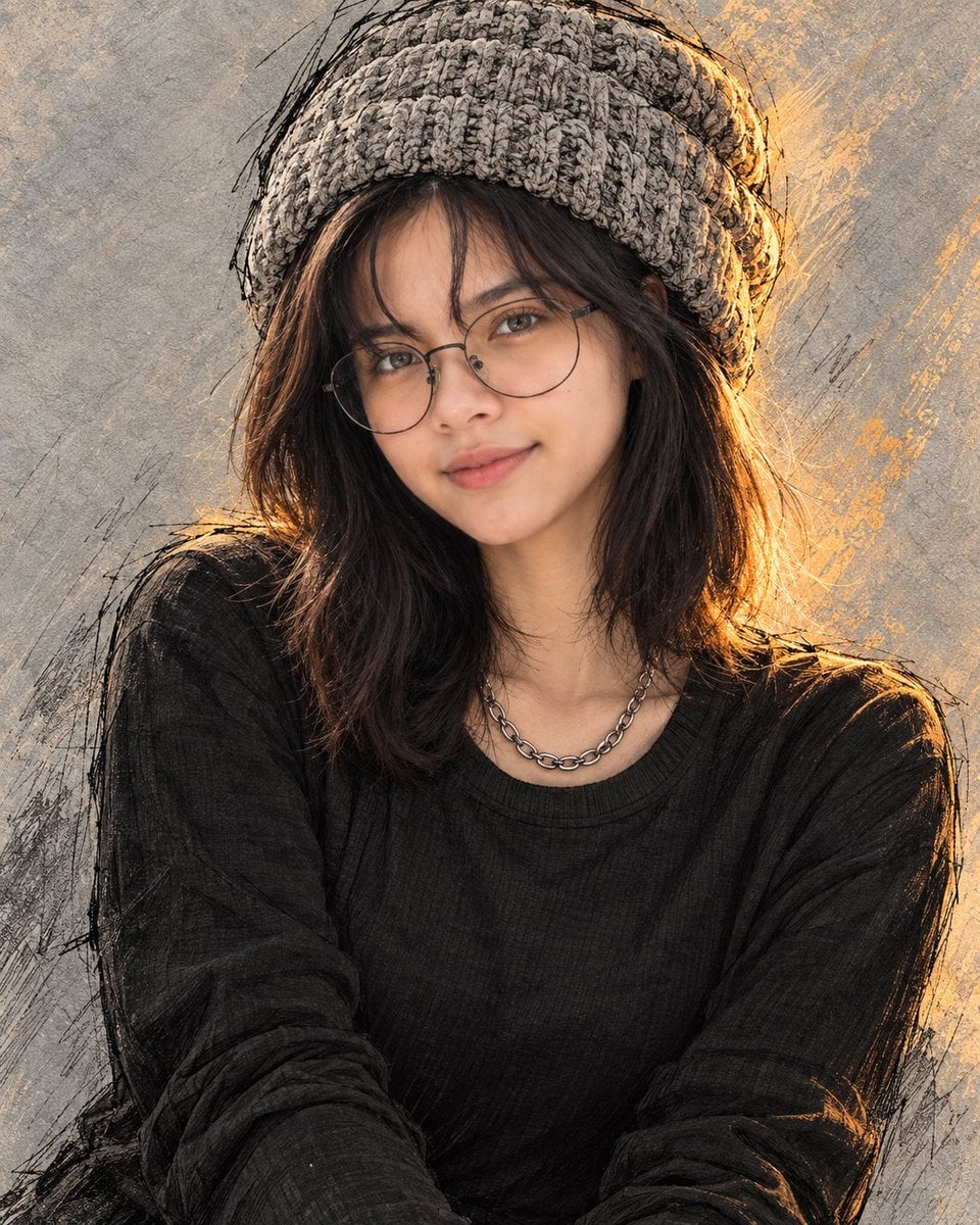 Golden Hour Knitted Beanie Portrait — AI image template example