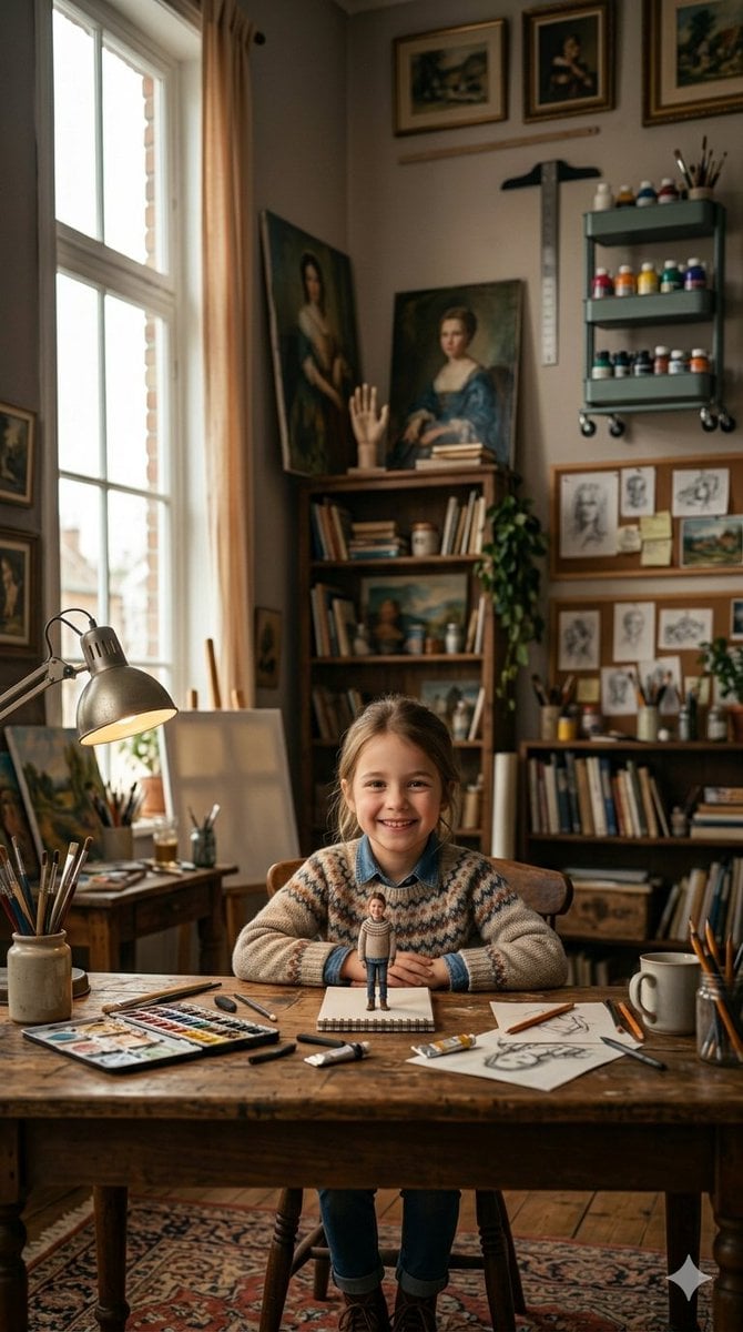 3D Miniature Clay Figurine Illusion in an Artist's Studio